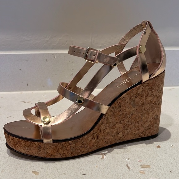 JIMMY CHOO Gold Strappy Cork Wedge Sandal - Picture 2 of 4